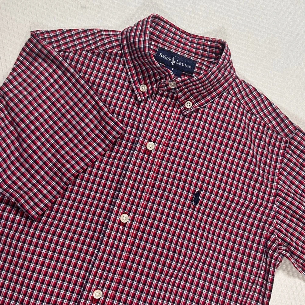 Ralph‎ Lauren Boys 7 Red White Blue Plaid Short Sleeve Button Down Shirt Preppy
